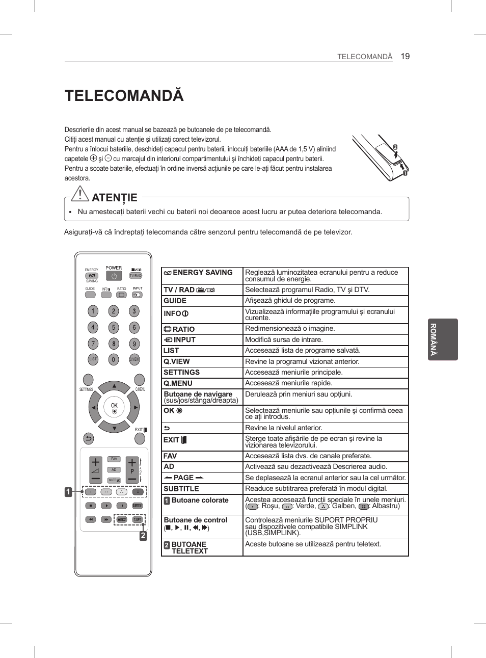 Telecomandă, Atenţie | LG 42LS3400 User Manual | Page 137 / 397