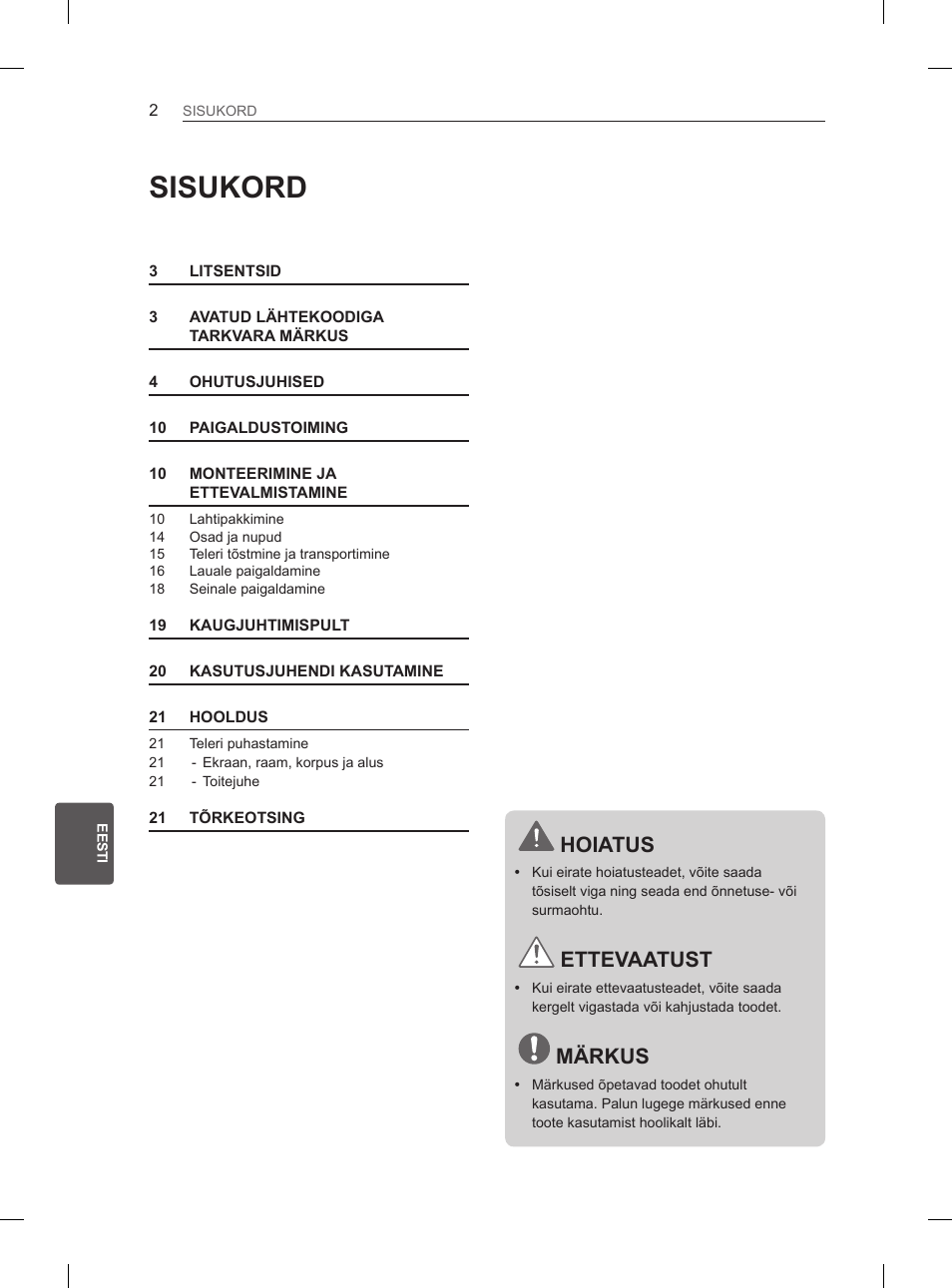 Sisukord, Hoiatus, Ettevaatust | Märkus | LG 42LS3400 User Manual | Page 164 / 397