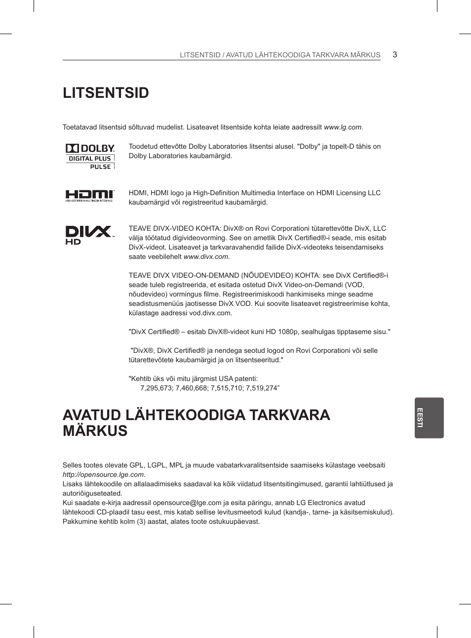 Litsentsid, Avatud lähtekoodiga tarkvara märkus | LG 42LS3400 User Manual | Page 165 / 397