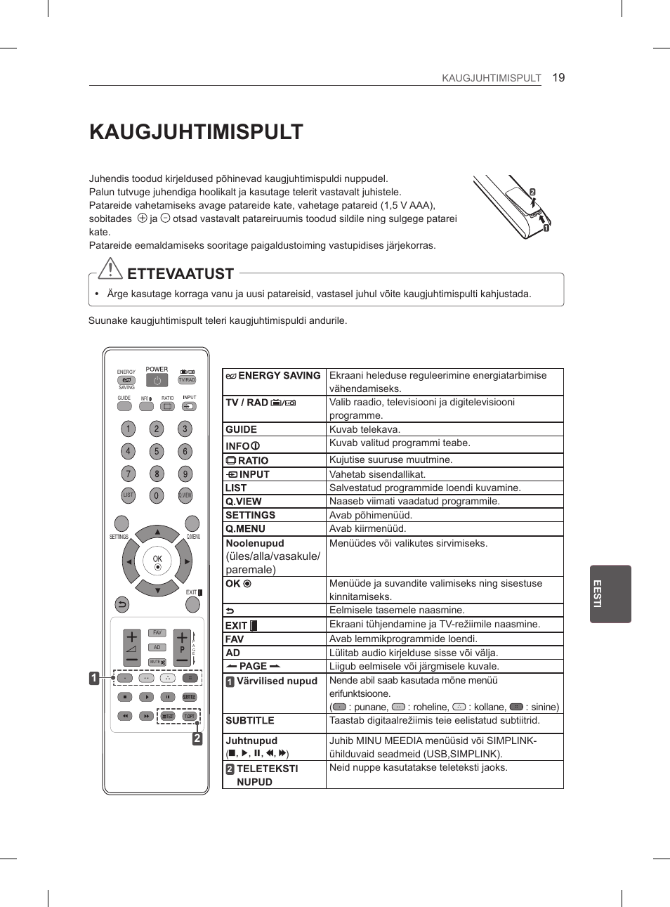 Kaugjuhtimispult, Ettevaatust, Üles/alla/vasakule/ paremale) | LG 42LS3400 User Manual | Page 181 / 397