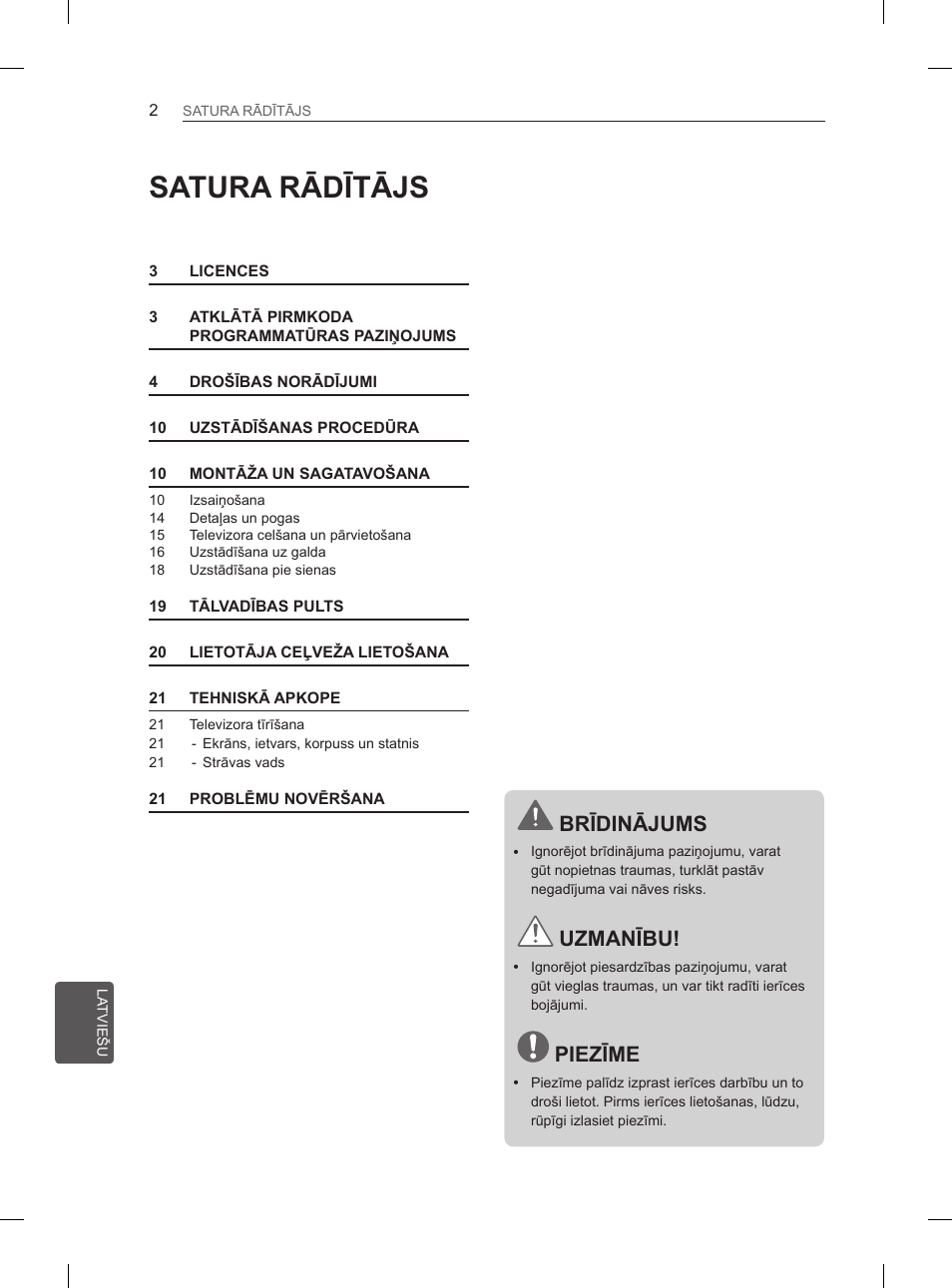 Satura rādītājs, Brīdinājums, Uzmanību | Piezīme | LG 42LS3400 User Manual | Page 208 / 397