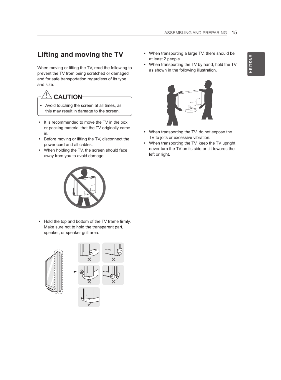 Lifting and moving the tv, Caution | LG 42LS3400 User Manual | Page 23 / 397