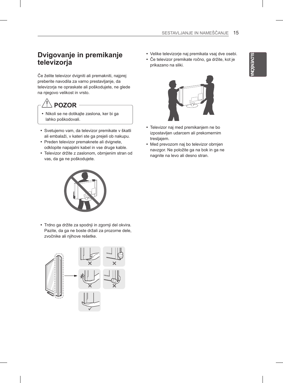 Dvigovanje in premikanje televizorja, Pozor | LG 42LS3400 User Manual | Page 243 / 397
