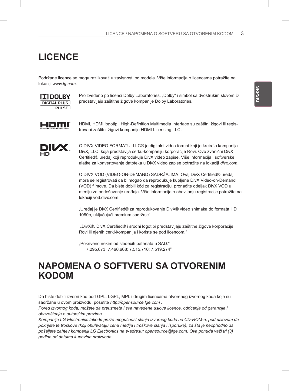 Licence, Napomena o softveru sa otvorenim kodom | LG 42LS3400 User Manual | Page 253 / 397