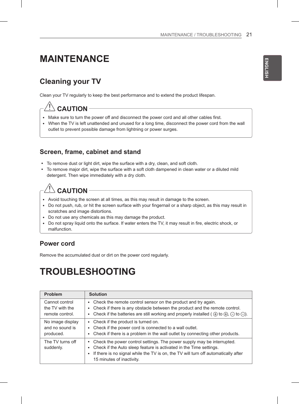 Maintenance, Troubleshooting, Cleaning your tv | Caution, Screen, frame, cabinet and stand, Power cord | LG 42LS3400 User Manual | Page 29 / 397