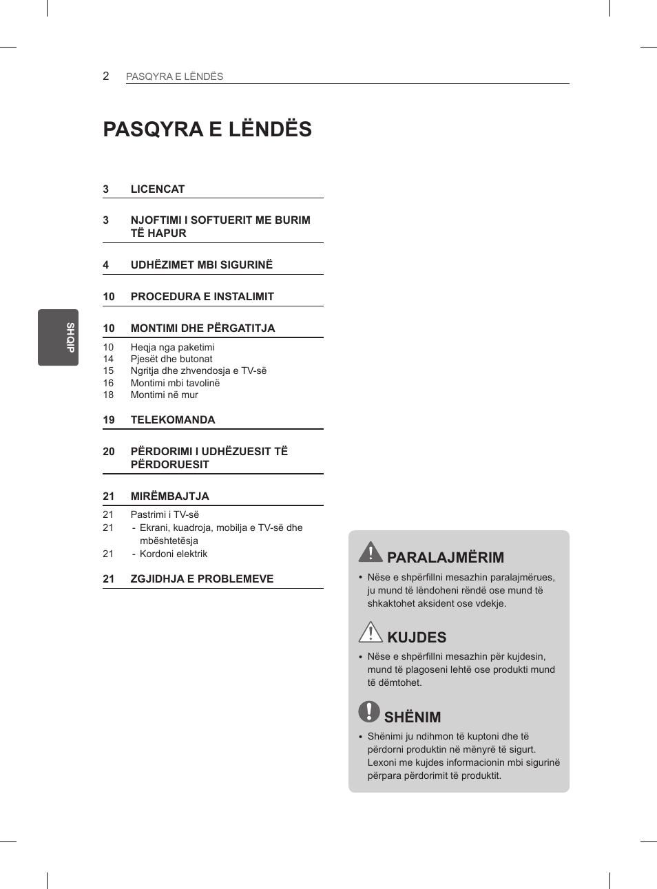 Pasqyra e lëndës, Paralajmërim, Kujdes | Shënim | LG 42LS3400 User Manual | Page 296 / 397