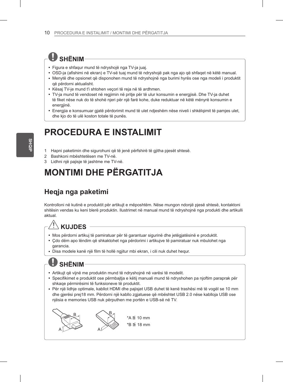 Procedura e instalimit, Montimi dhe përgatitja, Heqja nga paketimi | Shënim, Kujdes | LG 42LS3400 User Manual | Page 304 / 397