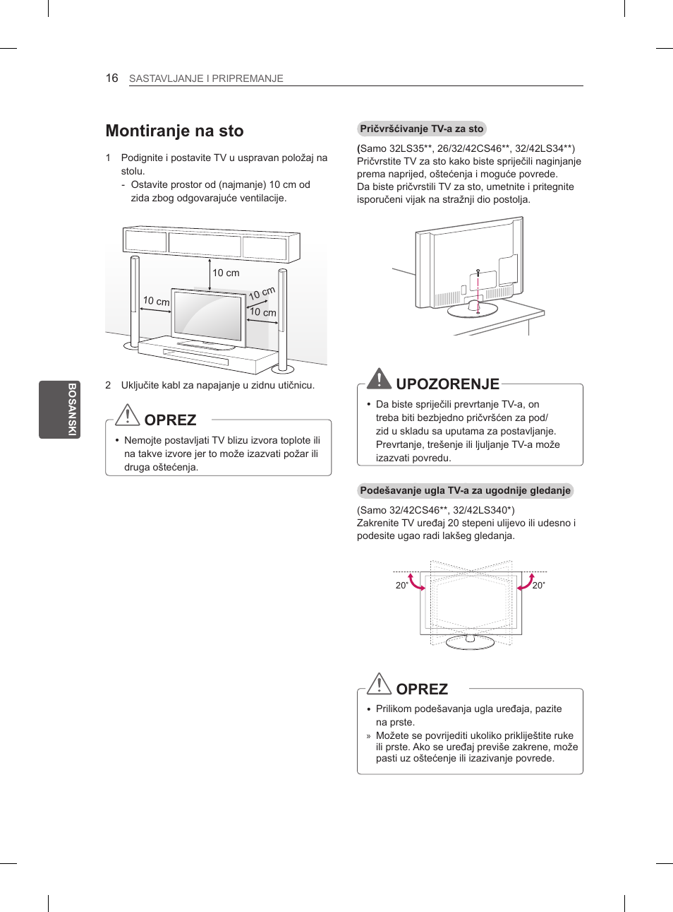 Montiranje na sto, Oprez, Upozorenje | LG 42LS3400 User Manual | Page 332 / 397