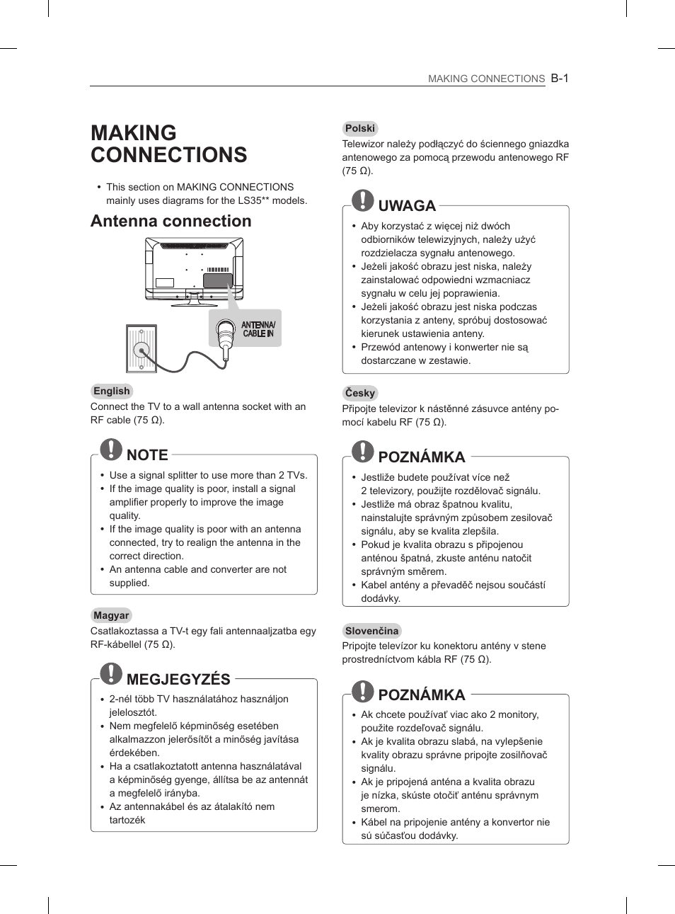 Making connections, Antenna connection, Megjegyzés | Uwaga, Poznámka | LG 42LS3400 User Manual | Page 361 / 397