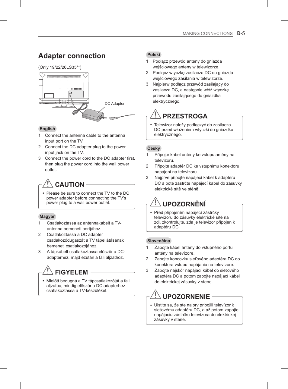Adapter connection, Caution, Figyelem | Przestroga, Upozornění, Upozornenie | LG 42LS3400 User Manual | Page 365 / 397