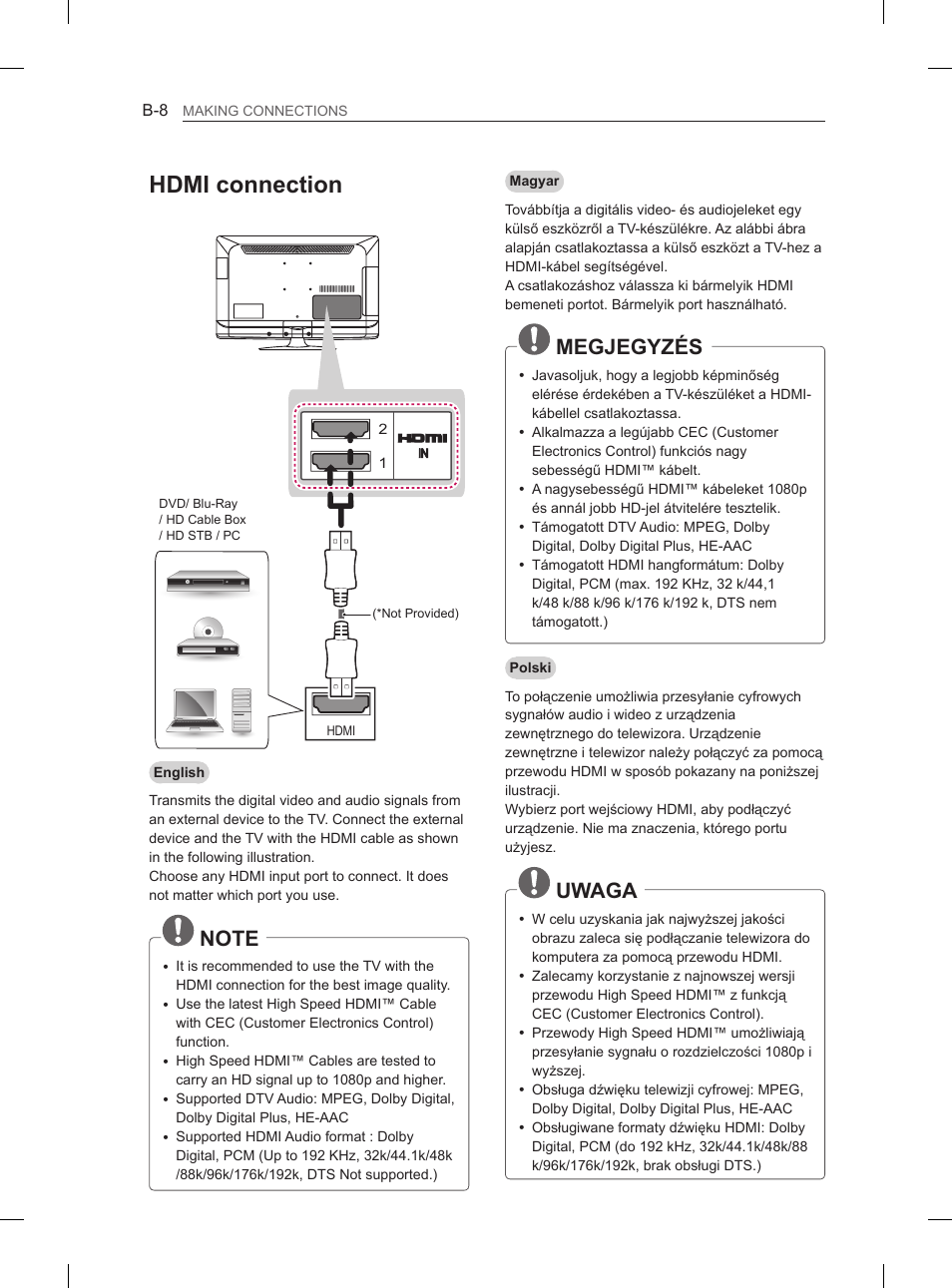 Hdmi connection, Megjegyzés, Uwaga | LG 42LS3400 User Manual | Page 368 / 397