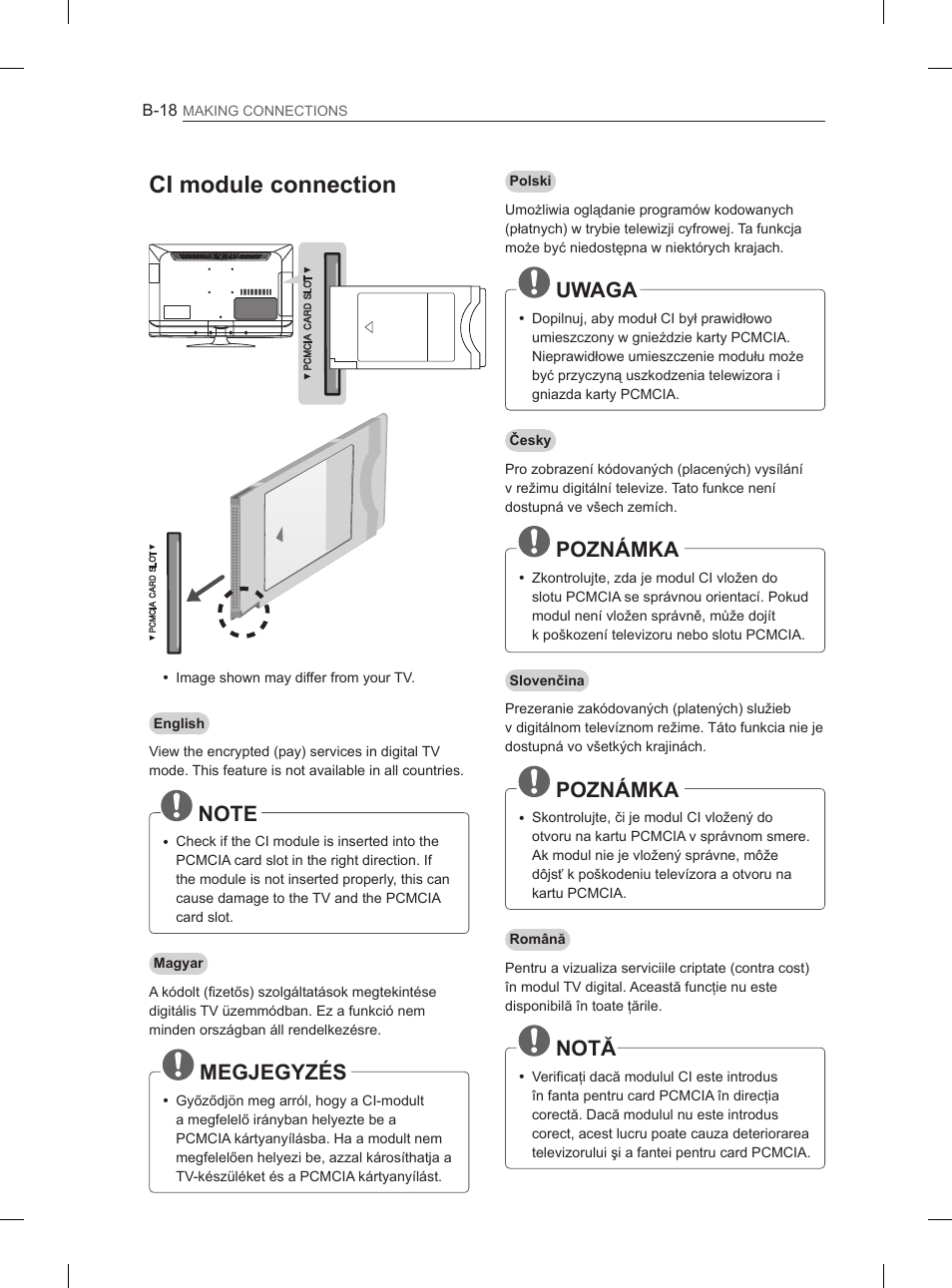 Ci module connection, Megjegyzés, Uwaga | Poznámka, Notă | LG 42LS3400 User Manual | Page 378 / 397