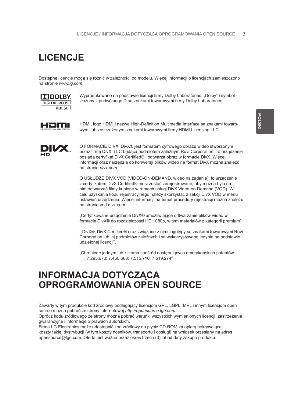Licencje, Informacja dotycząca oprogramowania open source | LG 42LS3400 User Manual | Page 55 / 397