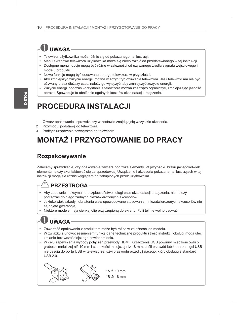 Procedura instalacji, Montaż i przygotowanie do pracy, Rozpakowywanie | Uwaga, Przestroga | LG 42LS3400 User Manual | Page 62 / 397