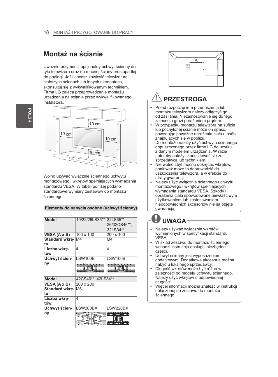 Montaż na ścianie, Przestroga, Uwaga | LG 42LS3400 User Manual | Page 70 / 397