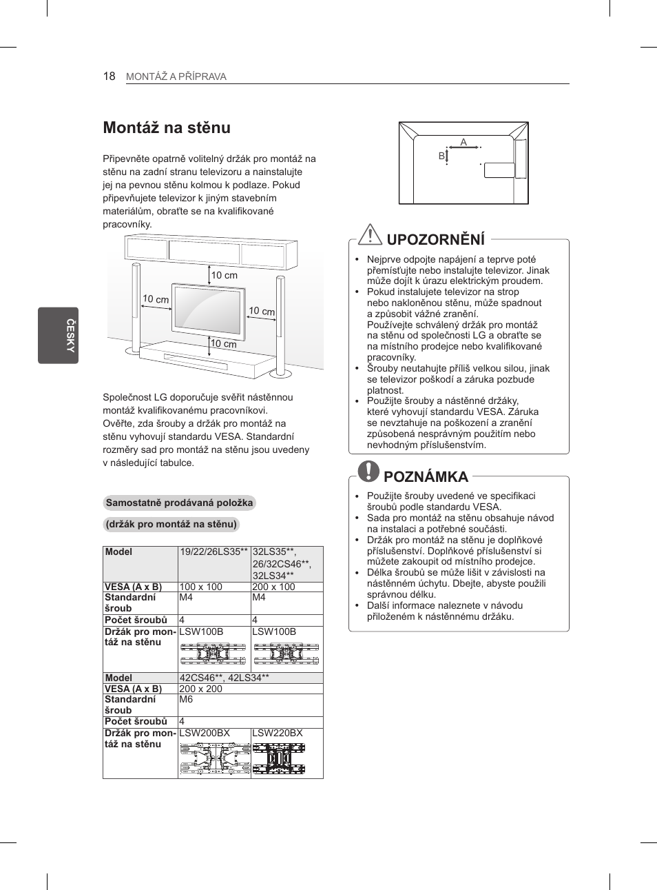 Montáž na stěnu, Upozornění, Poznámka | LG 42LS3400 User Manual | Page 92 / 397