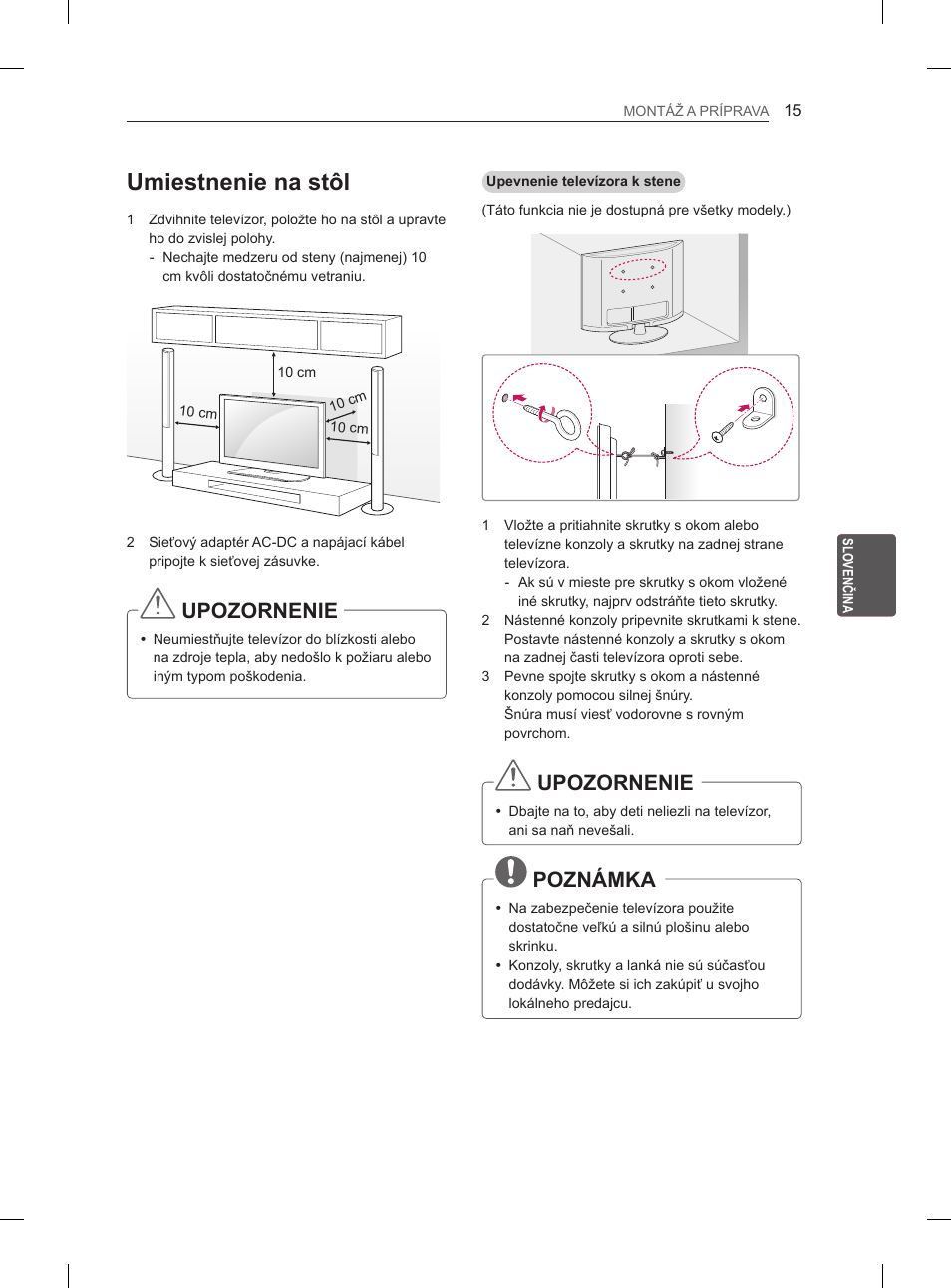 Umiestnenie na stôl, Upozornenie, Poznámka | LG 29LN460R User Manual | Page 110 / 415