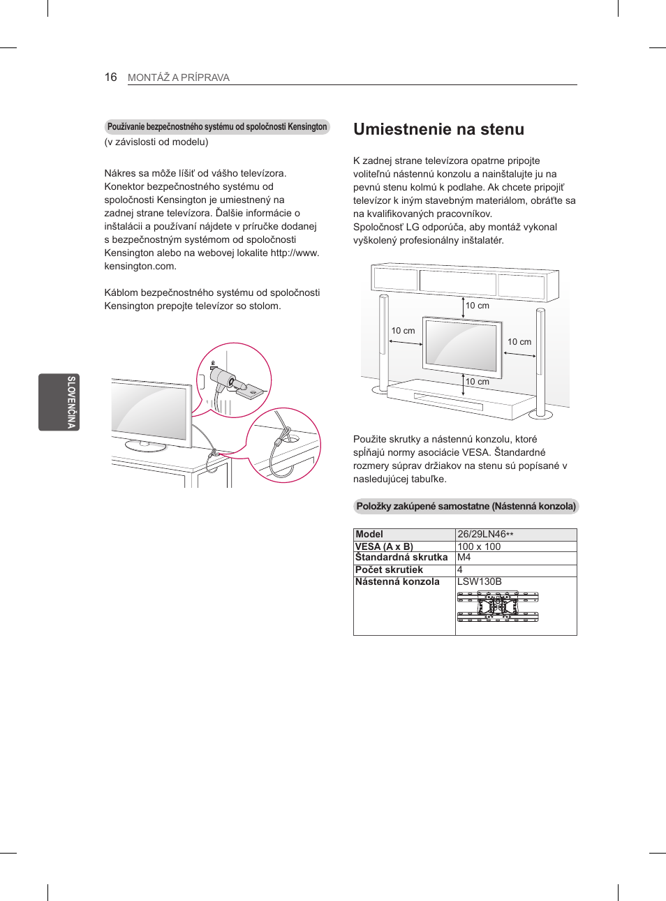 Umiestnenie na stenu | LG 29LN460R User Manual | Page 111 / 415