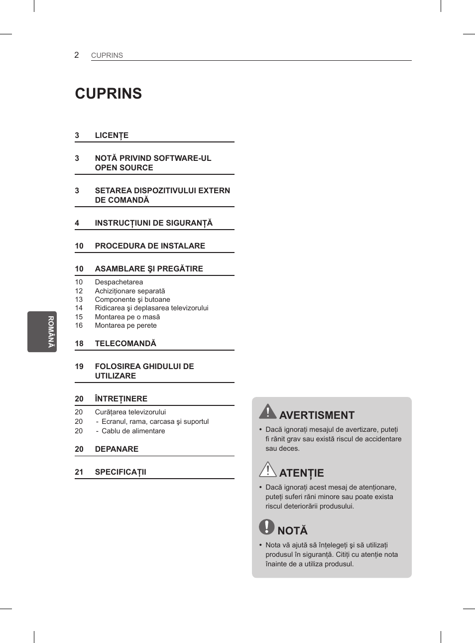 Cuprins, Avertisment, Atenţie | Notă | LG 29LN460R User Manual | Page 119 / 415