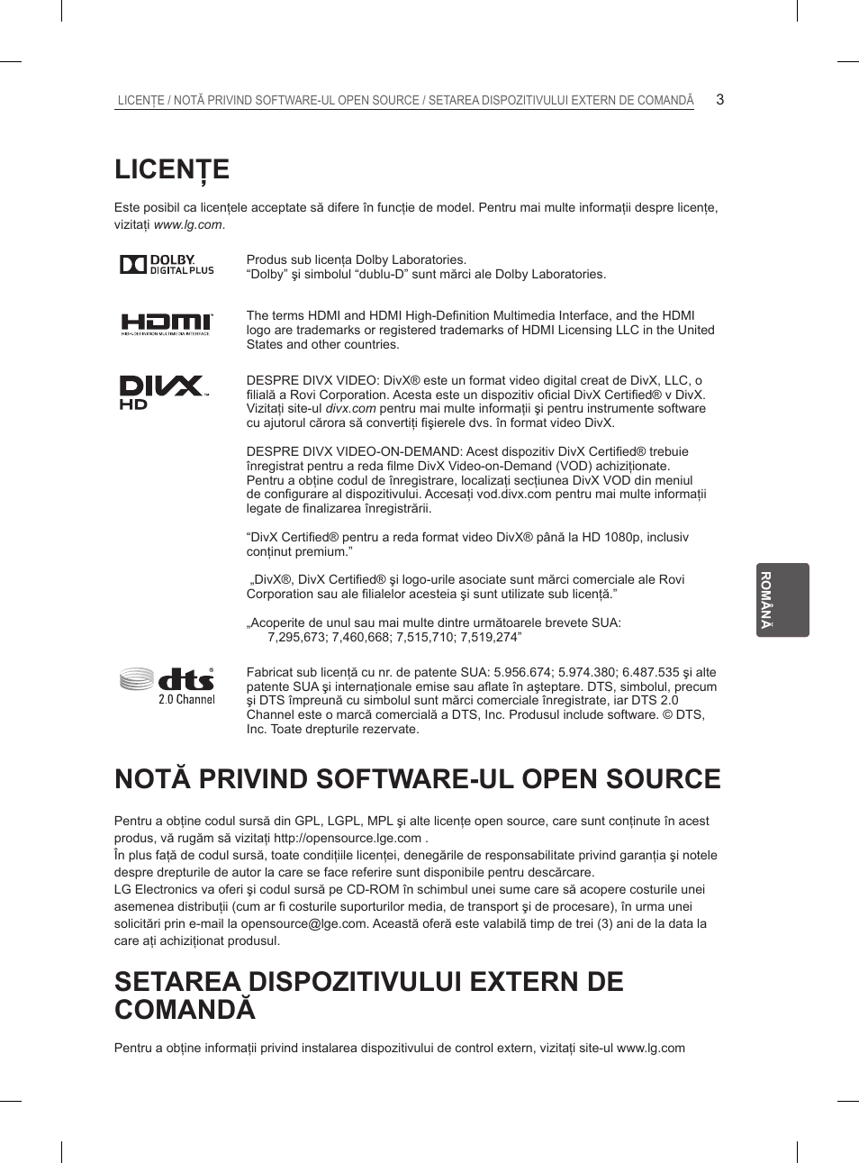 Licenţe, Notă privind software-ul open source, Setarea dispozitivului extern de comandă | LG 29LN460R User Manual | Page 120 / 415