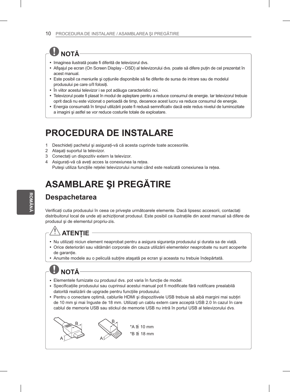 Procedura de instalare, Asamblare şi pregătire, Despachetarea | Notă, Atenţie | LG 29LN460R User Manual | Page 127 / 415