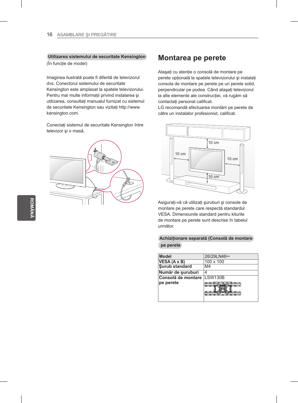 Montarea pe perete | LG 29LN460R User Manual | Page 133 / 415