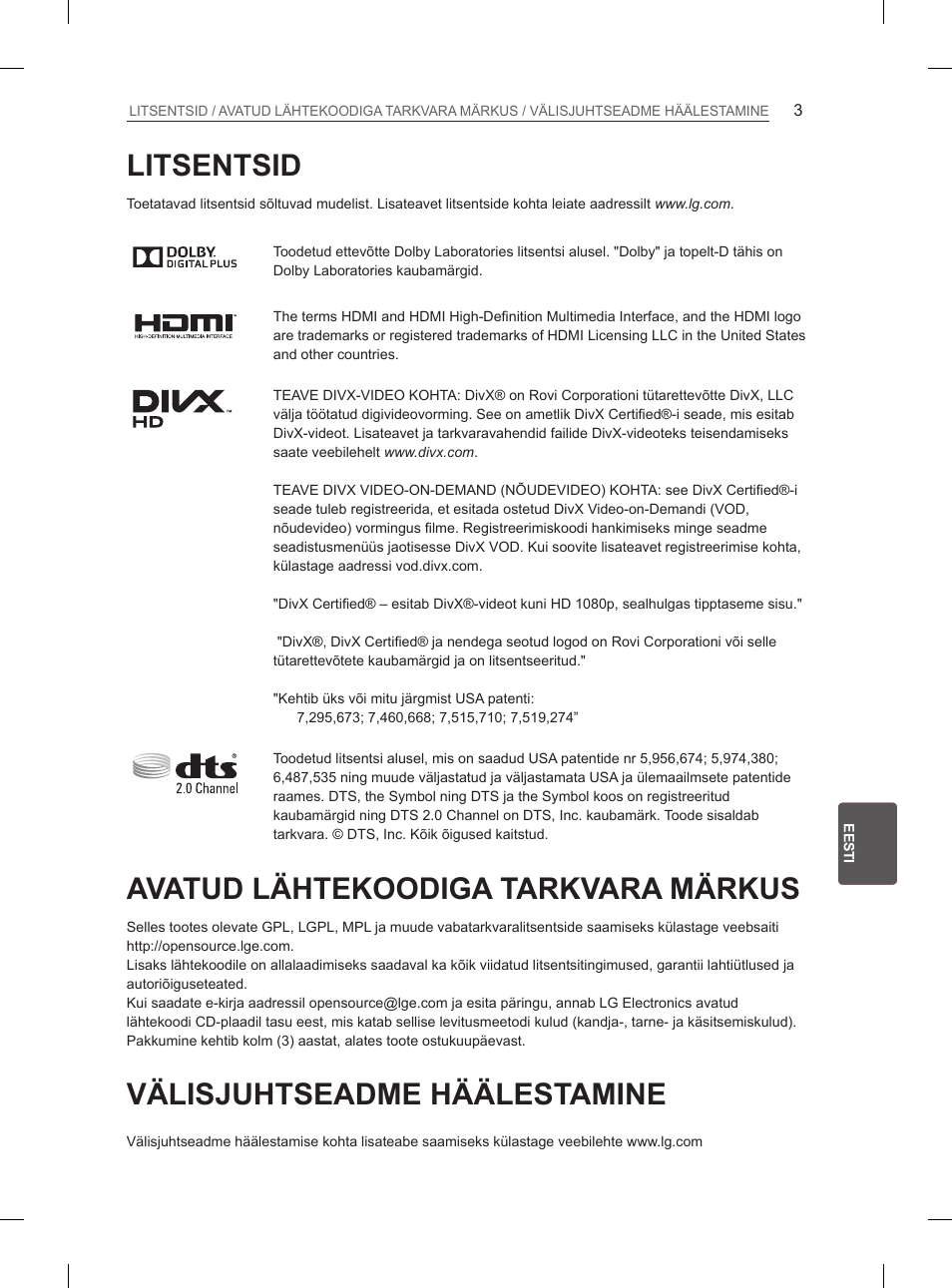 Litsentsid, Avatud lähtekoodiga tarkvara märkus, Välisjuhtseadme häälestamine | LG 29LN460R User Manual | Page 164 / 415