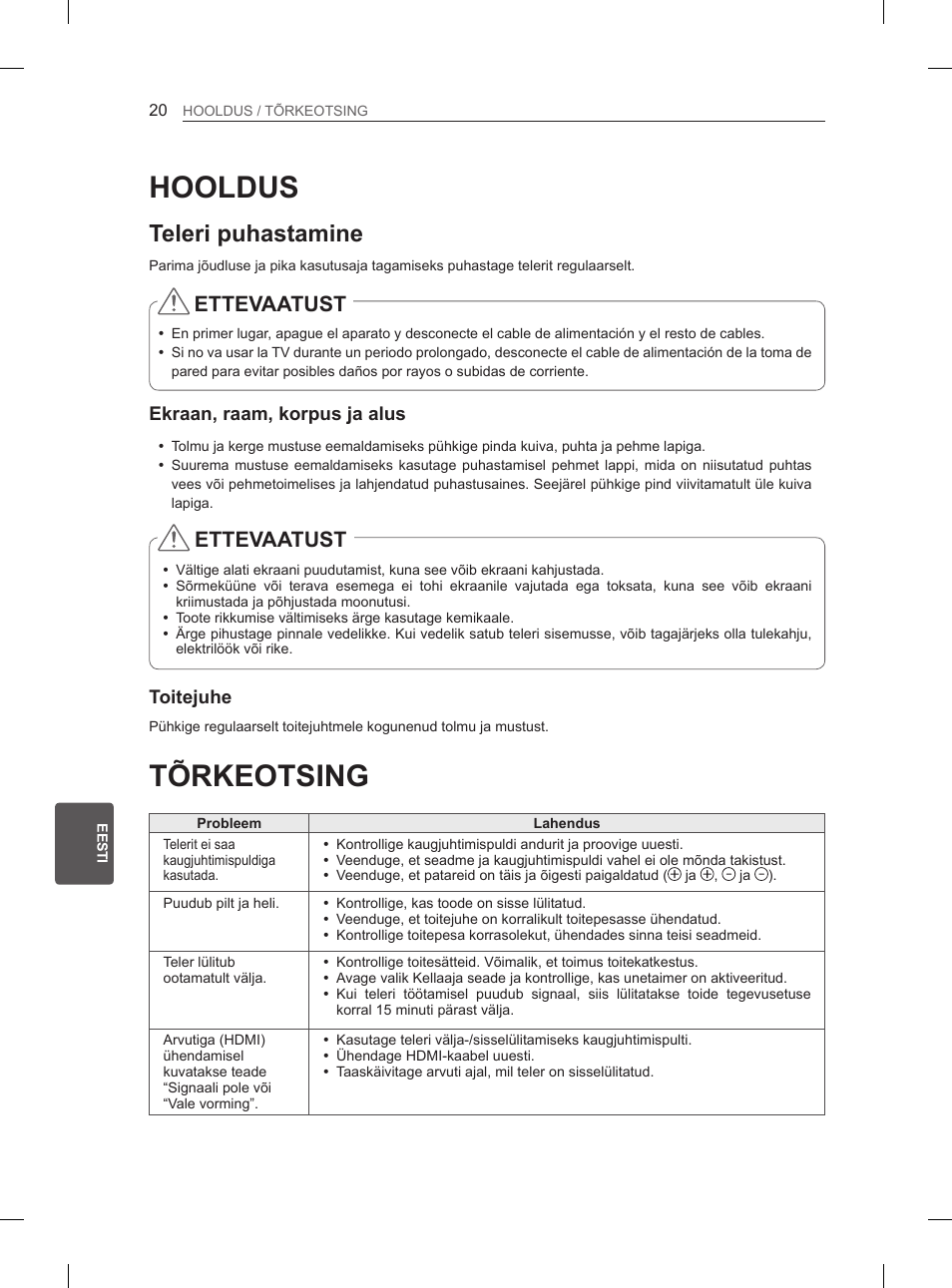 Tõrkeotsing, Hooldus, Teleri puhastamine | Ettevaatust | LG 29LN460R User Manual | Page 181 / 415