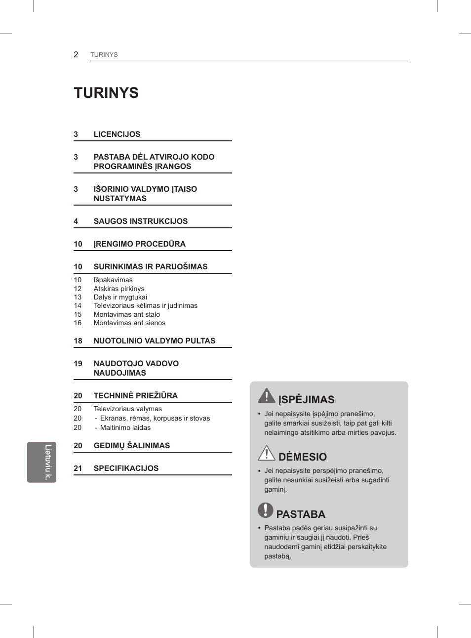 Turinys, Įspėjimas, Dėmesio | Pastaba | LG 29LN460R User Manual | Page 185 / 415