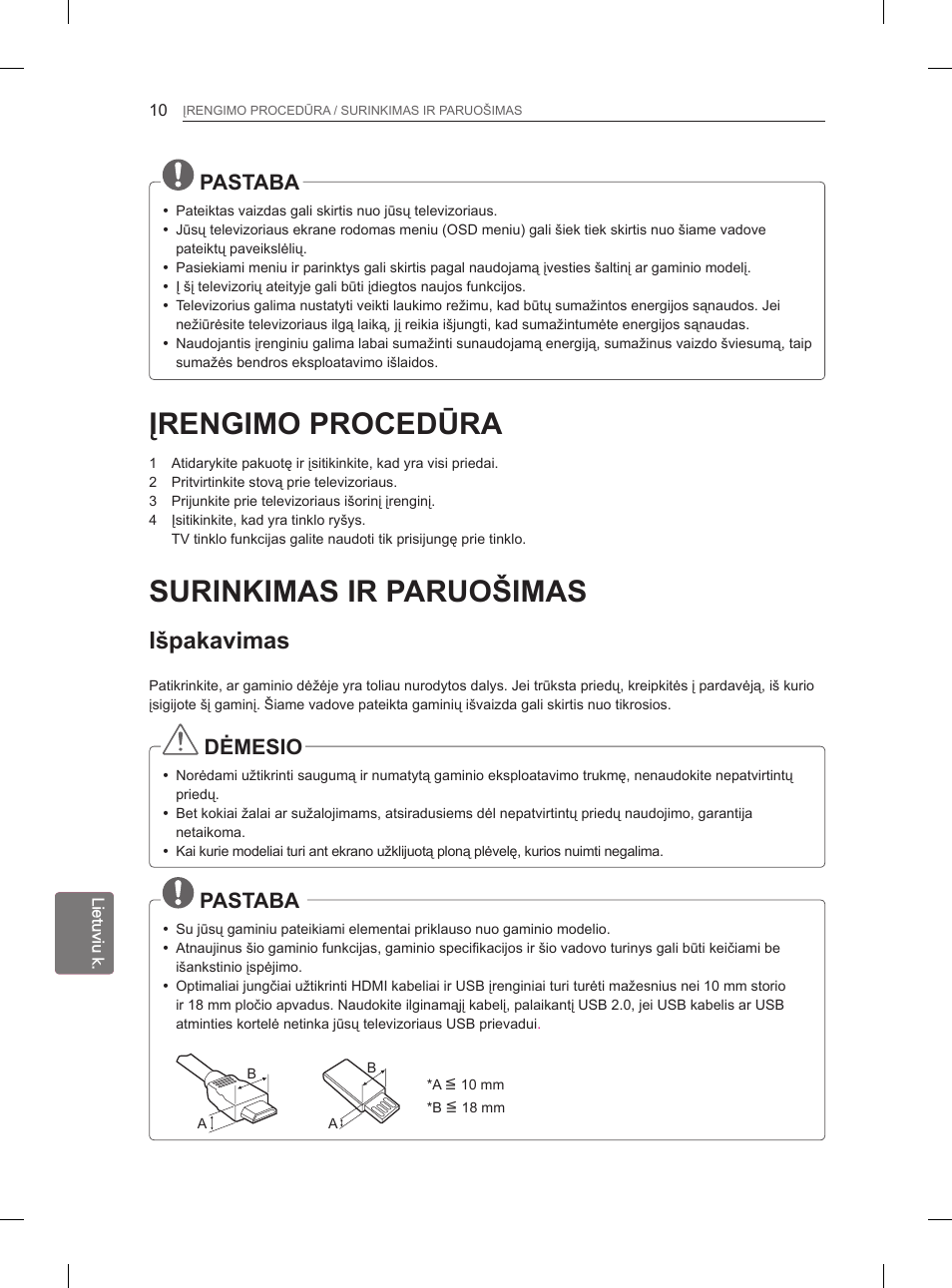 Įrengimo procedūra, Surinkimas ir paruošimas, Išpakavimas | Pastaba, Dėmesio | LG 29LN460R User Manual | Page 193 / 415