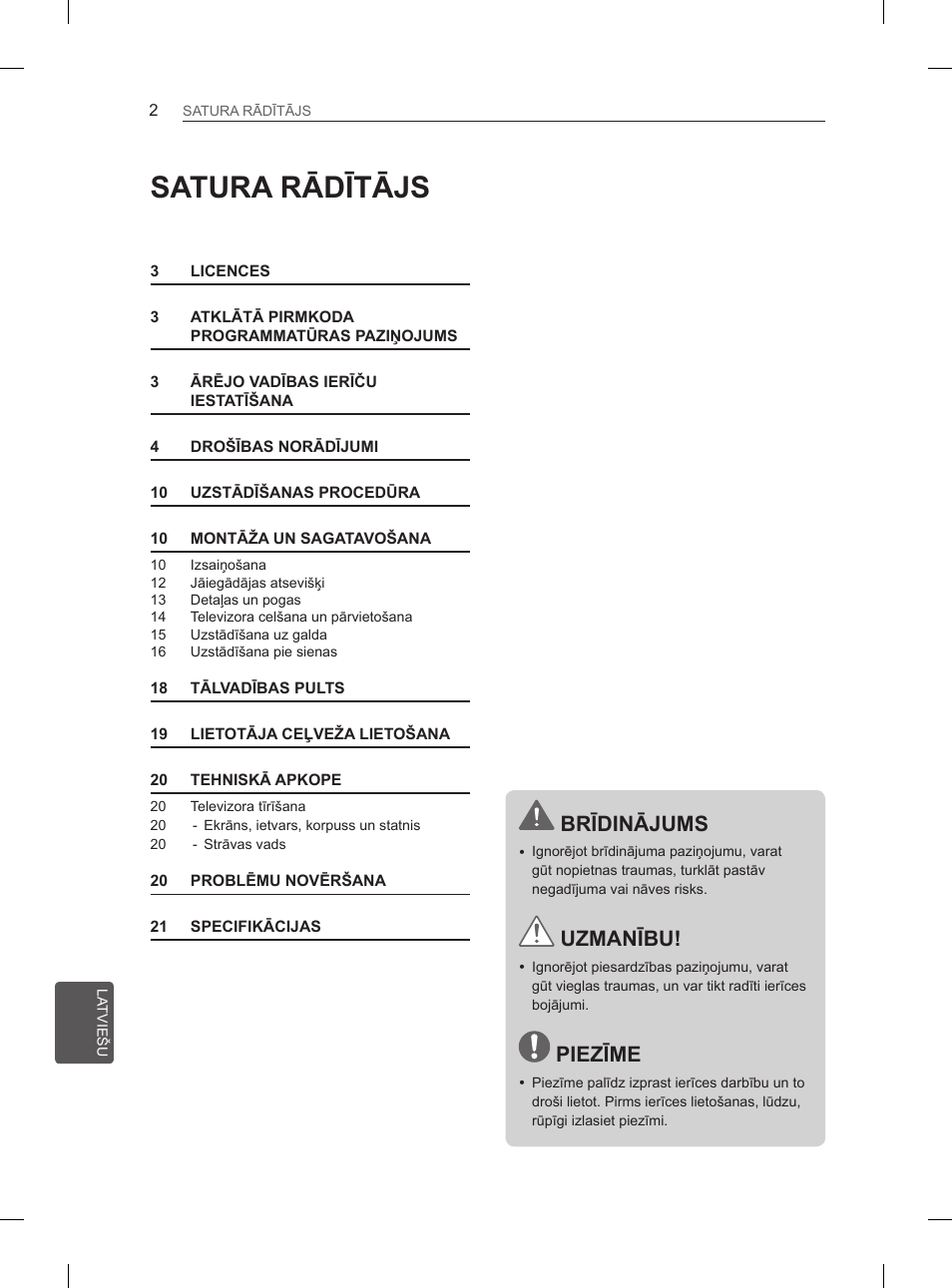 Satura rādītājs, Brīdinājums, Uzmanību | Piezīme | LG 29LN460R User Manual | Page 207 / 415