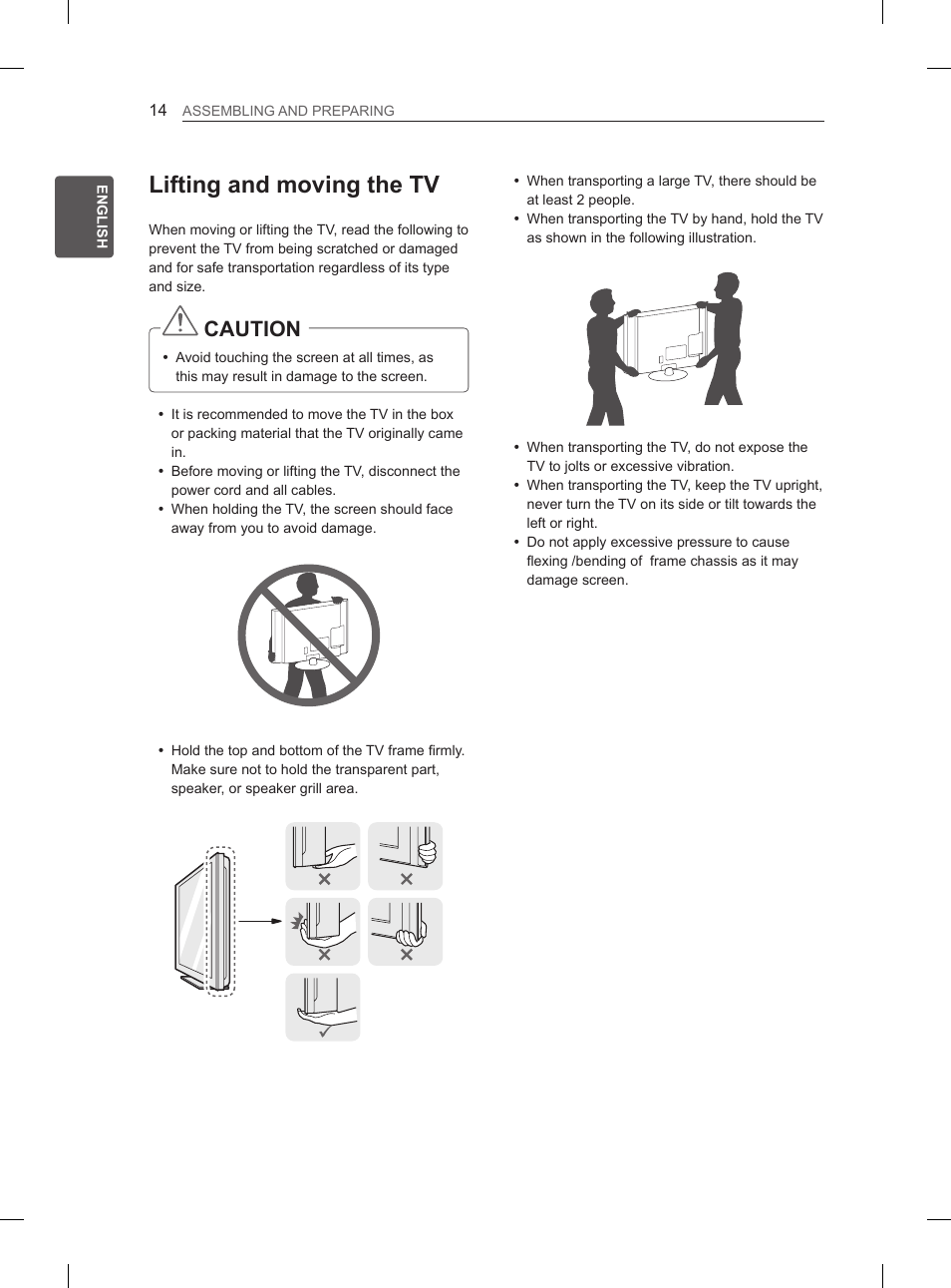 Lifting and moving the tv, Caution | LG 29LN460R User Manual | Page 21 / 415