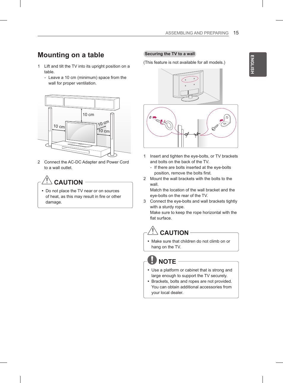 Mounting on a table, Caution | LG 29LN460R User Manual | Page 22 / 415