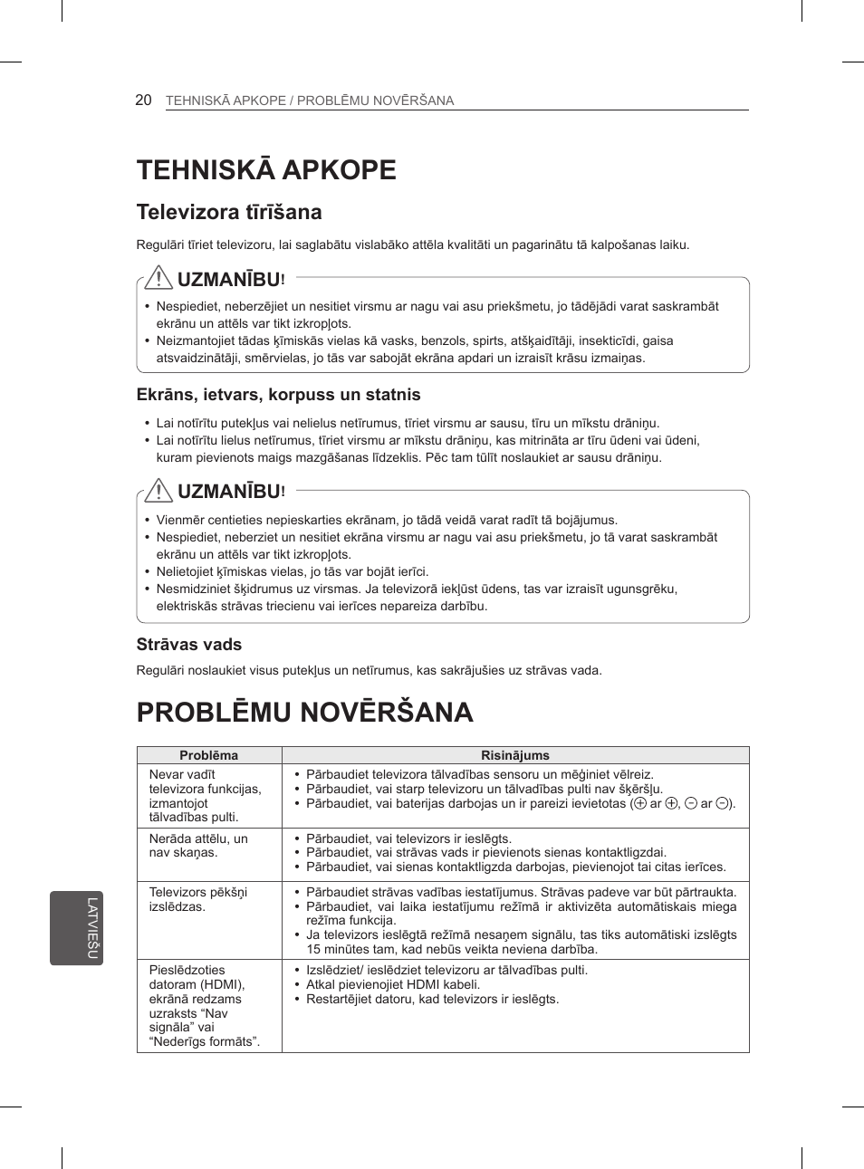 Problēmu novēršana, Tehniskā apkope, Televizora tīrīšana | Uzmanību | LG 29LN460R User Manual | Page 225 / 415