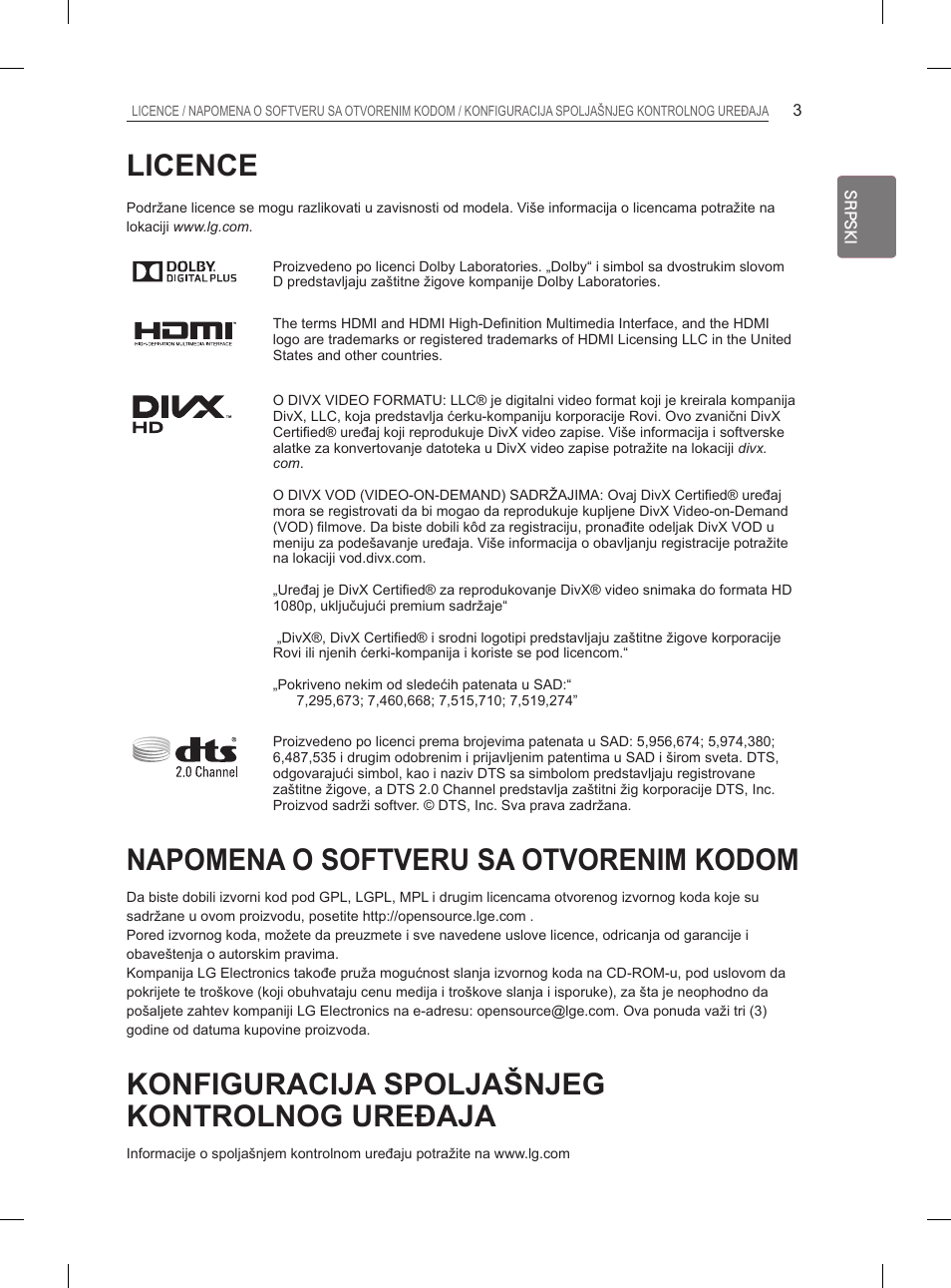 Licence, Napomena o softveru sa otvorenim kodom, Konfiguracija spoljašnjeg kontrolnog uređaja | LG 29LN460R User Manual | Page 230 / 415