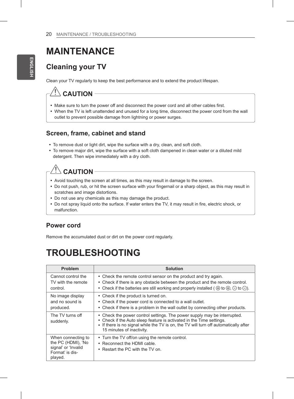 Maintenance, Troubleshooting, Cleaning your tv | Caution, Screen, frame, cabinet and stand, Power cord | LG 29LN460R User Manual | Page 27 / 415