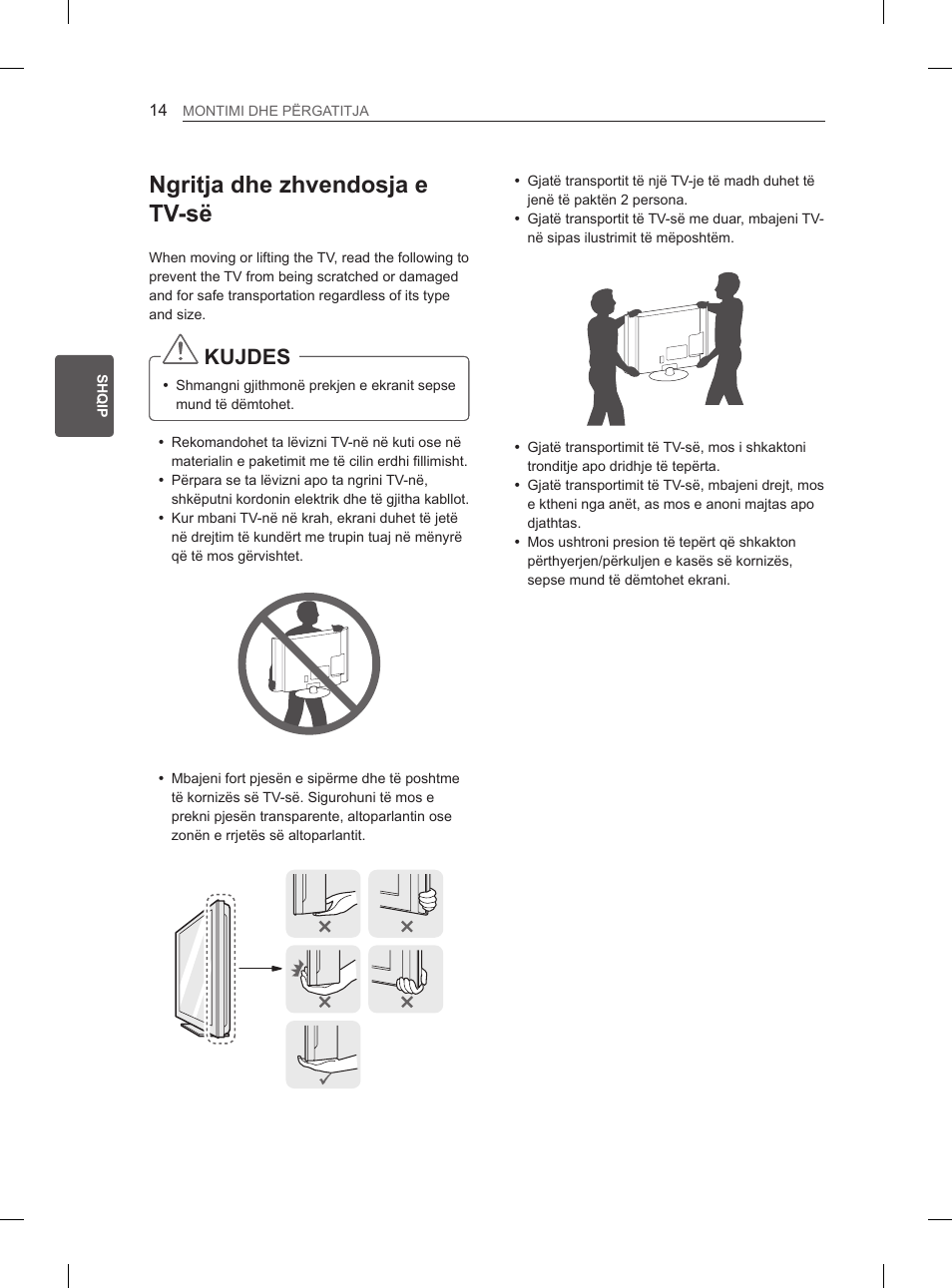 Ngritja dhe zhvendosja e tv-së, Kujdes | LG 29LN460R User Manual | Page 285 / 415