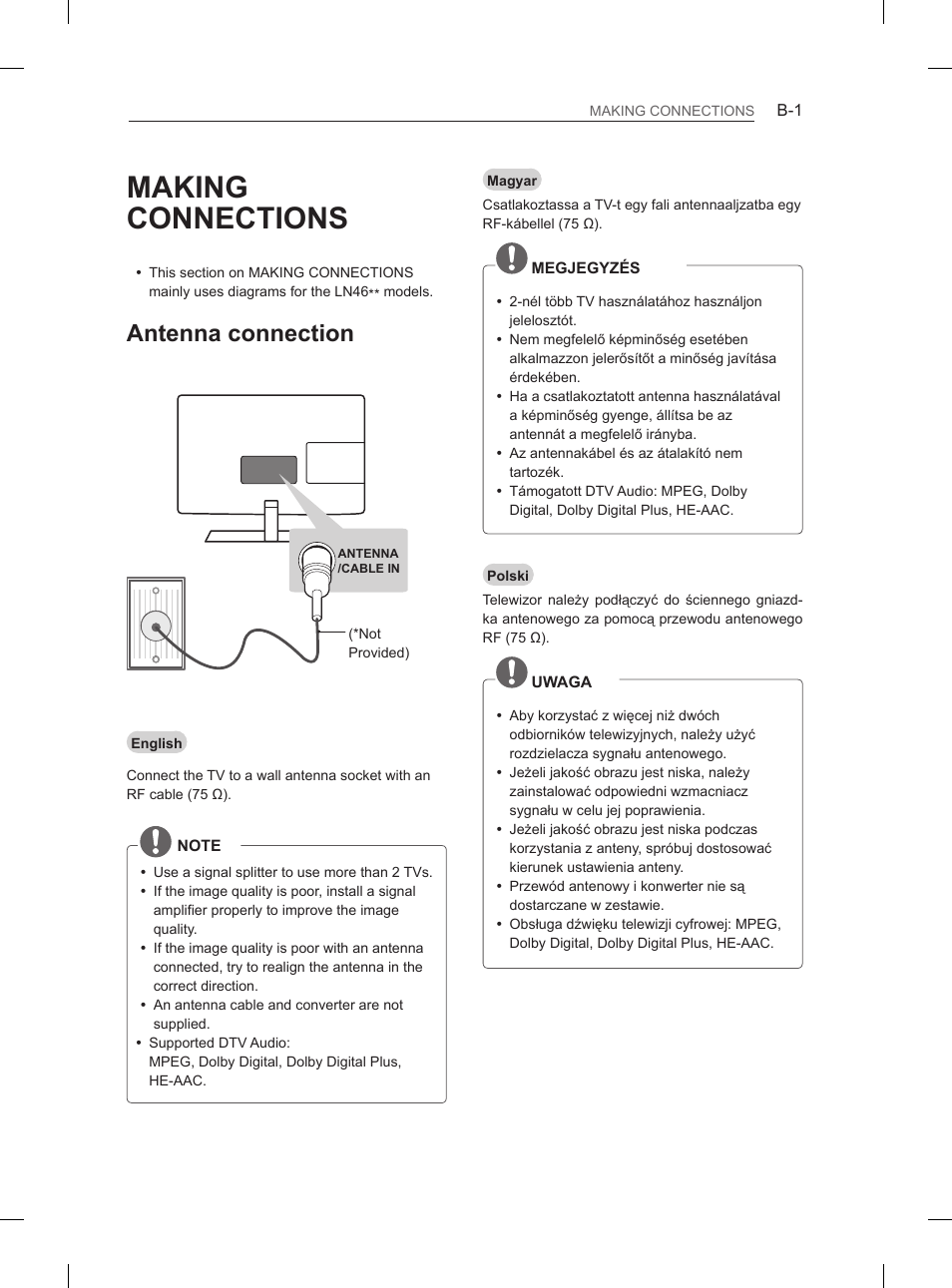 Mfl67861602_b, Making connections, Antenna connection | LG 29LN460R User Manual | Page 360 / 415