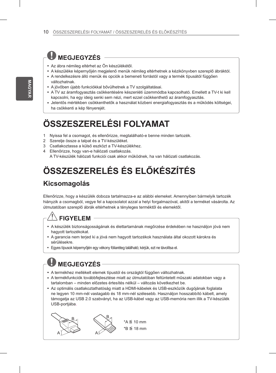 Összeszerelési folyamat, Összeszerelés és előkészítés, Kicsomagolás | Megjegyzés, Figyelem | LG 29LN460R User Manual | Page 39 / 415