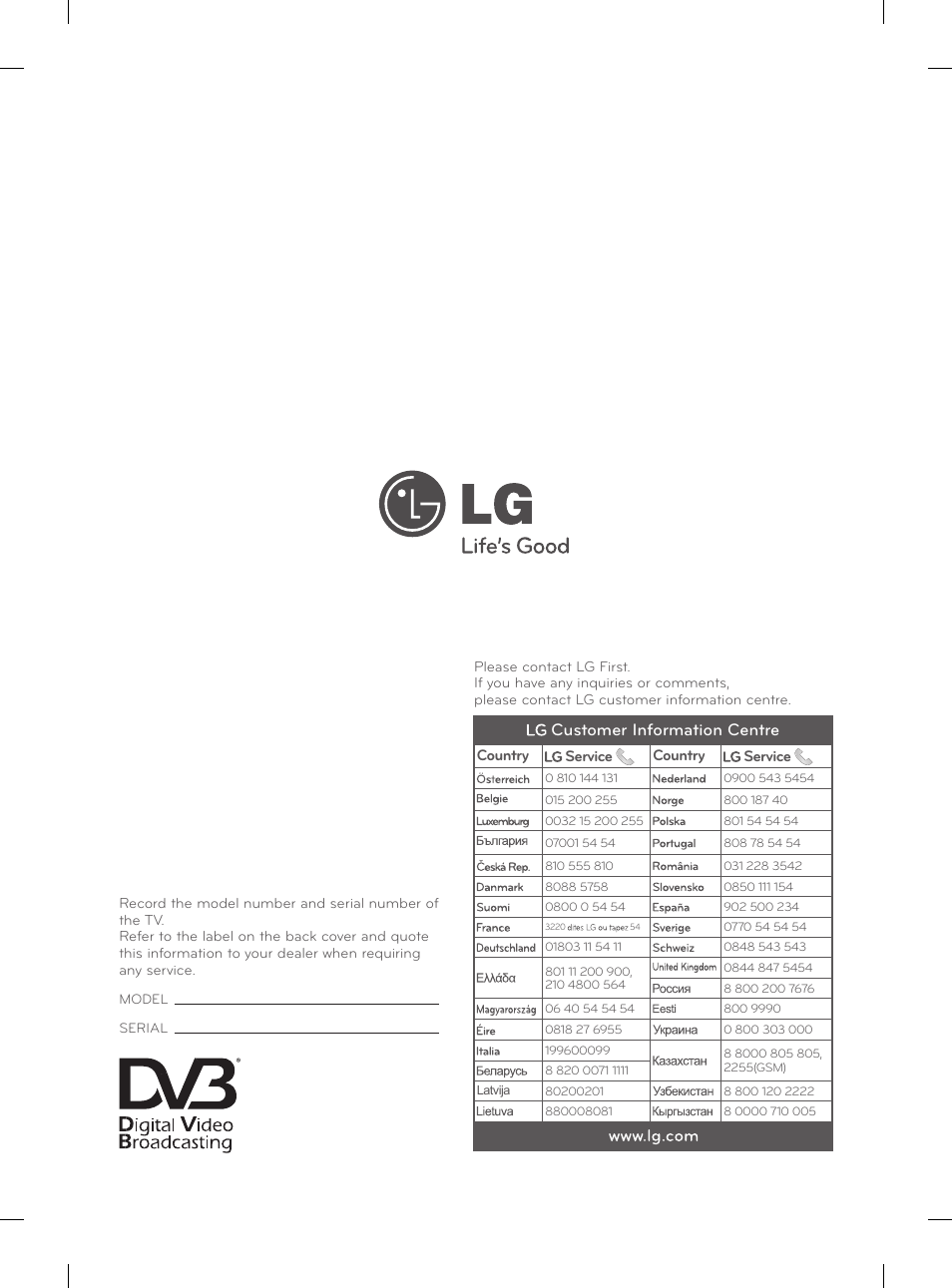 Customer information centre | LG 29LN460R User Manual | Page 415 / 415