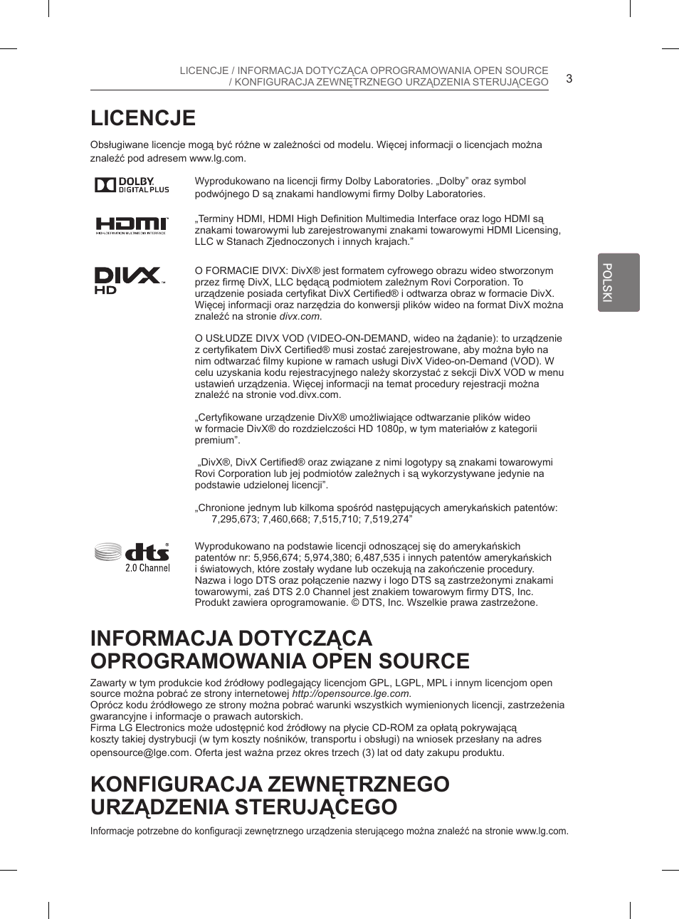 Licencje, Informacja dotycząca oprogramowania open source, Konfiguracja zewnętrznego urządzenia sterującego | LG 29LN460R User Manual | Page 54 / 415