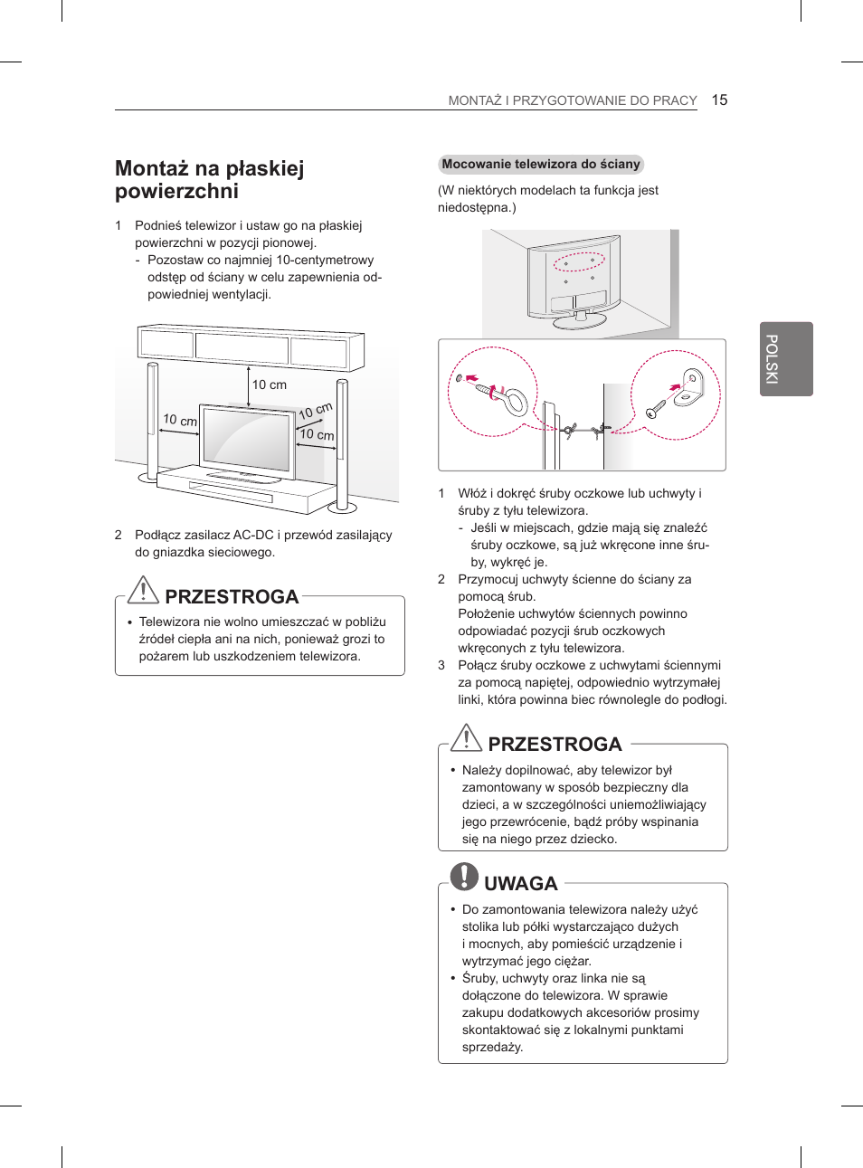 Montaż na płaskiej powierzchni, Przestroga, Uwaga | LG 29LN460R User Manual | Page 66 / 415