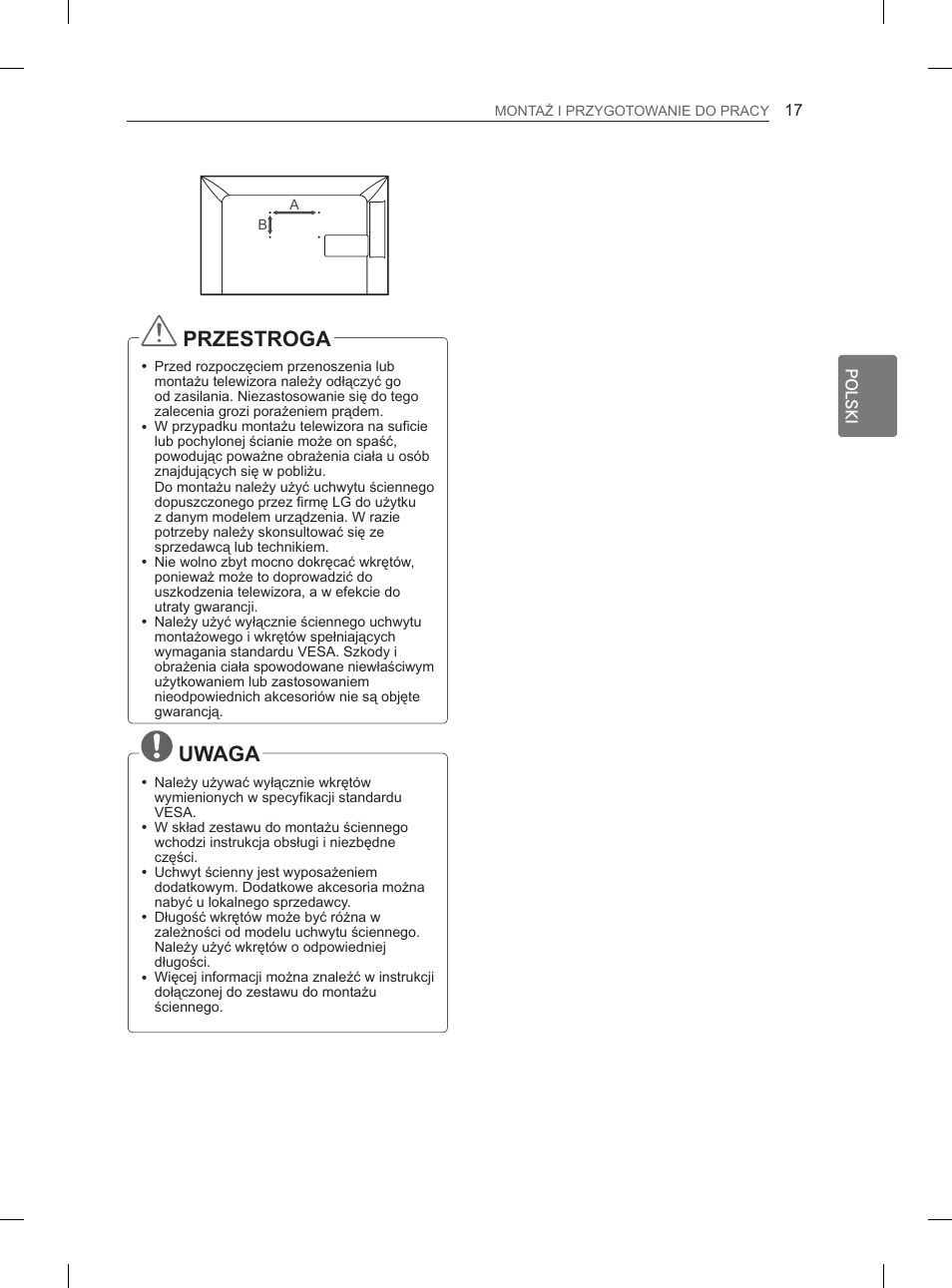 Przestroga, Uwaga | LG 29LN460R User Manual | Page 68 / 415