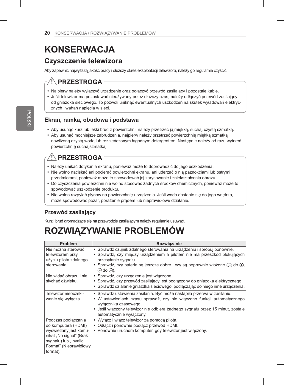 Rozwiązywanie problemów, Konserwacja, Czyszczenie telewizora | Przestroga | LG 29LN460R User Manual | Page 71 / 415