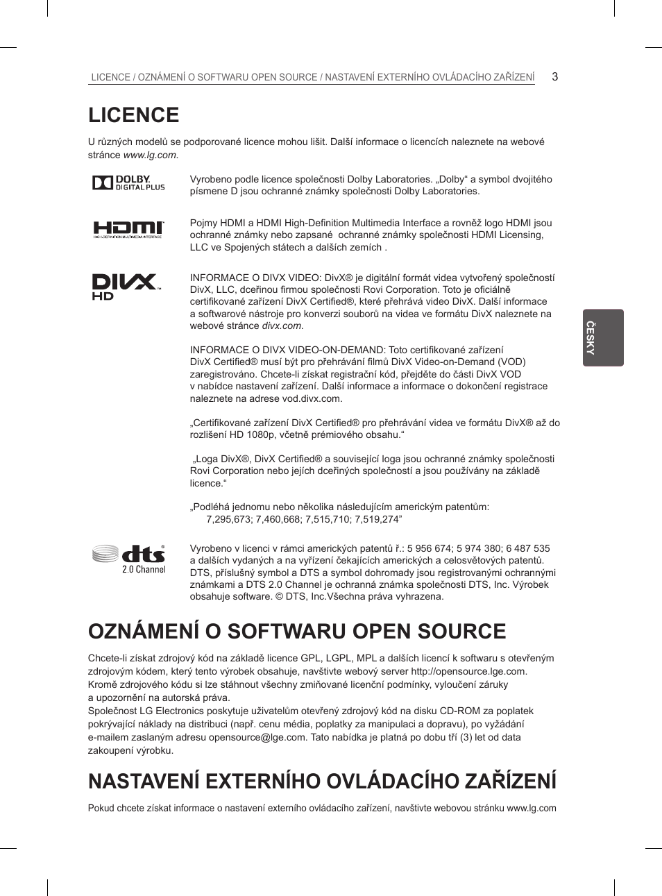 Licence, Oznámení o softwaru open source, Nastavení externího ovládacího zařízení | LG 29LN460R User Manual | Page 76 / 415