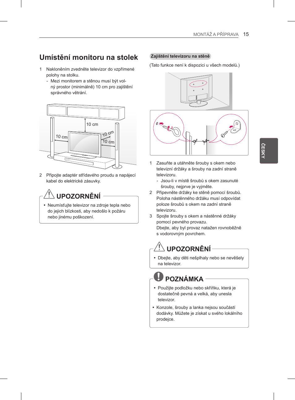 Umístění monitoru na stolek, Upozornění, Poznámka | LG 29LN460R User Manual | Page 88 / 415