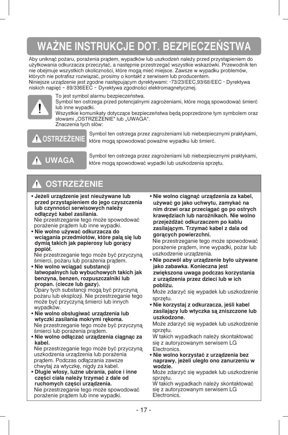 Wa˚ne instrukcje dot. bezpiecze¡stwa, Ostrze˚enie, Uwaga | LG VB2716NRTQ User Manual | Page 18 / 37