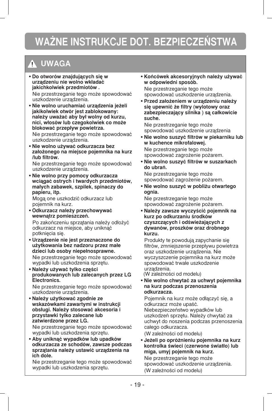 Wa˚ne instrukcje dot. bezpiecze¡stwa, Uwaga | LG VB2716NRTQ User Manual | Page 20 / 37