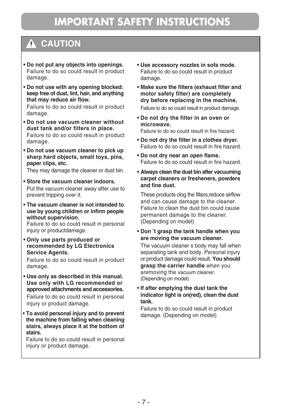 Important safety instructions, Caution | LG VB2716NRTQ User Manual | Page 8 / 37