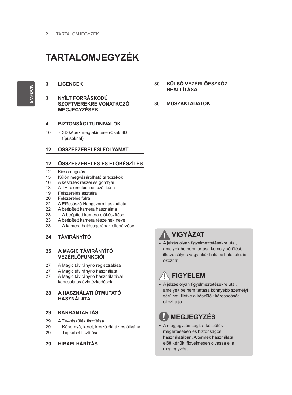 Tartalomjegyzék, Vigyázat, Figyelem | Megjegyzés | LG 65LA970V User Manual | Page 101 / 559